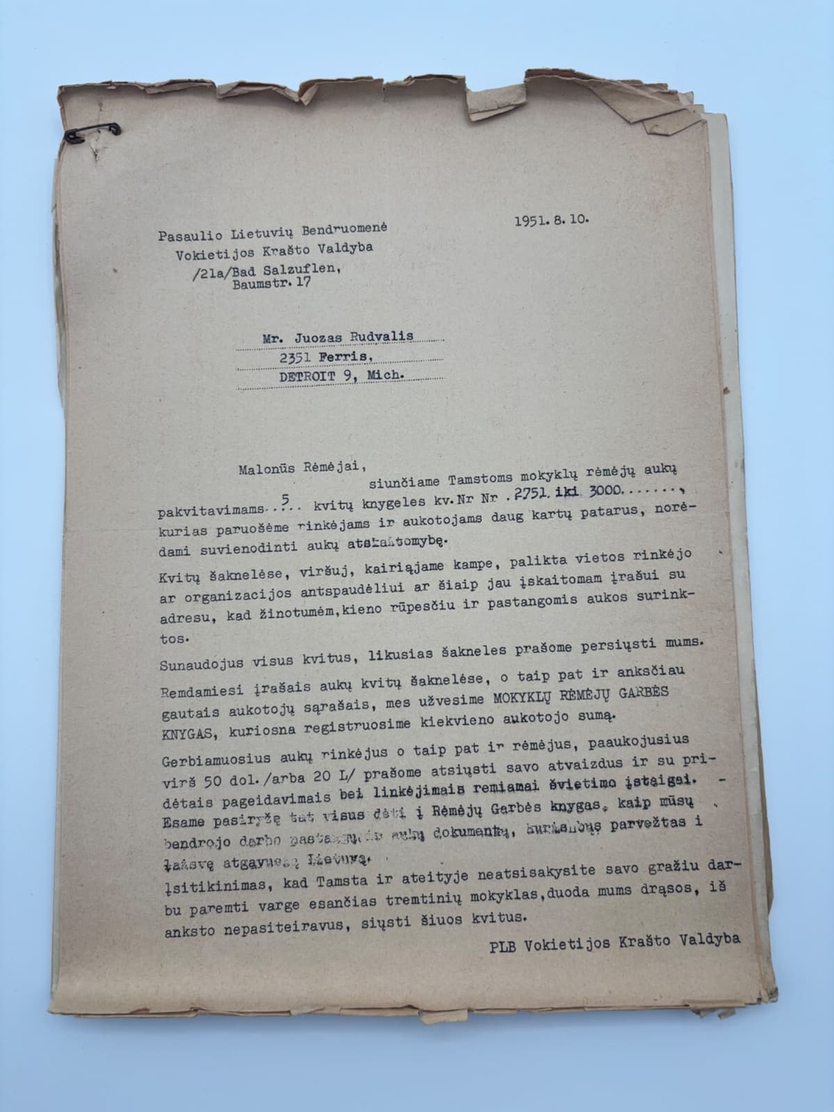 Diepholzo Lietuvių Gimnazijai Remti — Fundraising Correspondence and Financial Records File